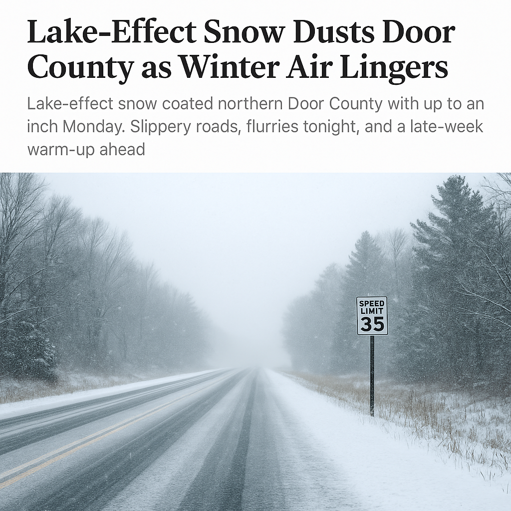 Lake-effect snow coated northern Door County with up to an inch Monday. Slippery roads, flurries tonight, and a late-week warm-up ahead.